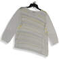 Womens White Yellow Striped Knitted 3/4 Sleeve V-Neck Pullover Sweater Sz L image number 2