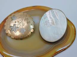 Antique Floral Etched & Mother of Pearl Brooches 13.3g