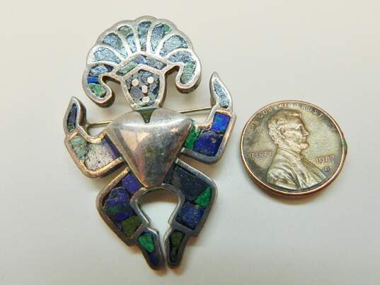 Taxco 950 Silver Inlay Azurite Aztec Figure Brooch 16.9g image number 4