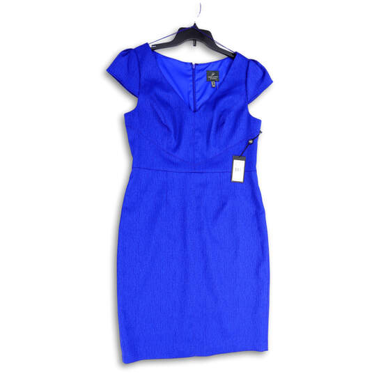 NWT Womens Blue Cap Sleeve V-Neck Back Zip Knee Length Shift Dress Size 14 image number 1