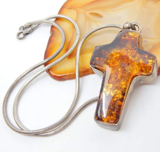 Artisan 925 Amber Cross Statement Pendant Snake Chain Necklace image number 4