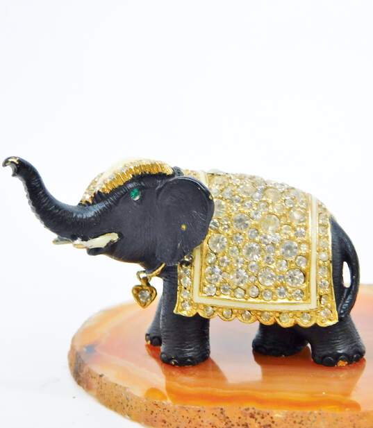 VTG Ciner Goldtone Elephant Rhinestones & Cream & Black Enamel Brooch image number 2