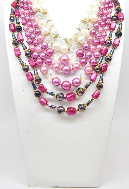 Vintage Pink Faux Pearl Aurora Borealis & Gold Tone Clip-On Earrings & Necklaces 193.2g image number 2
