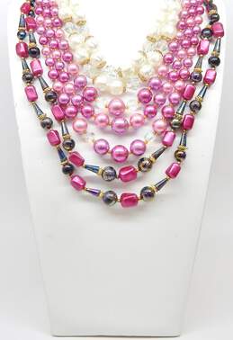 Vintage Pink Faux Pearl Aurora Borealis & Gold Tone Clip-On Earrings & Necklaces 193.2g alternative image