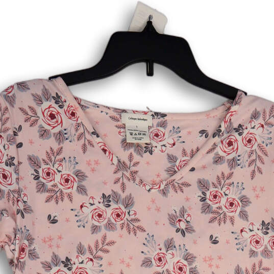 NWT Womens Pink Floral V-Neck Short Sleeve Pullover T-Shirt Size Large image number 3