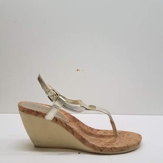 Lauren Ralph Reeta Gold Lauren Quark Leather Ankle Strap Wedge Sandal Shoes Size 9 B image number 1