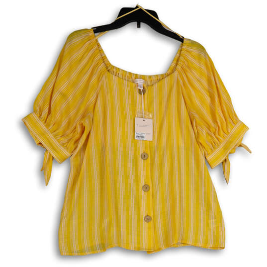NWT Womens Yellow Striped Square Neck Button Front Blouse Top Size Large image number 1