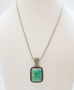 AF 925 Turquoise Cabochon Zig Zag Accented Rectangle Scrolled Bale Hinged Pendant Wheat Chain Necklace 34.1g