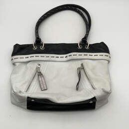Womens White Black Leather Foldable Inner Pockets Studded Shoulder Bag