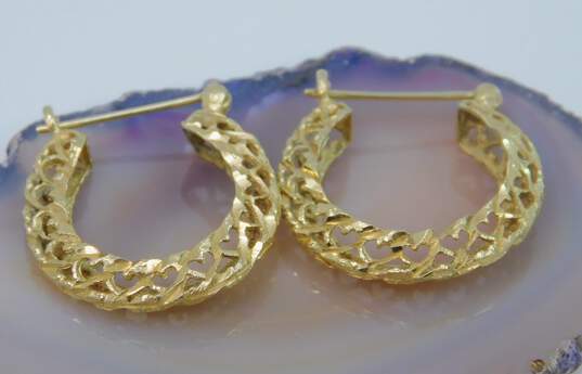 14K Gold Etched Open Hearts Scrolled Hoop Earrings 3.7g image number 3