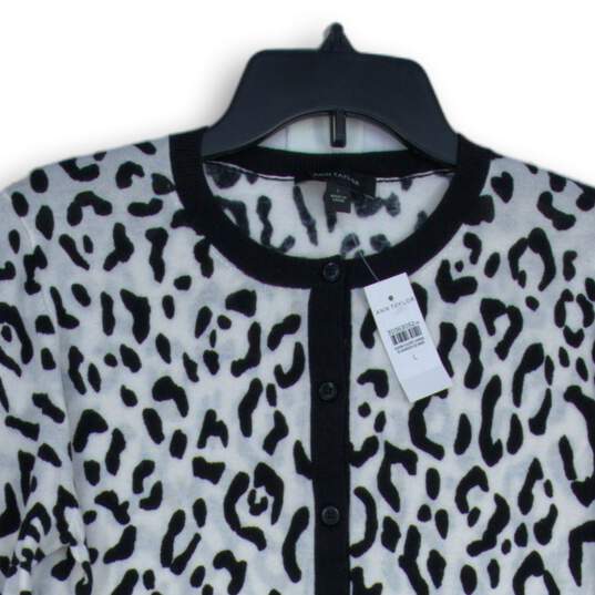 NWT Ann Taylor Womens Black White Animal Print Button Front Cardigan Sweater L image number 3