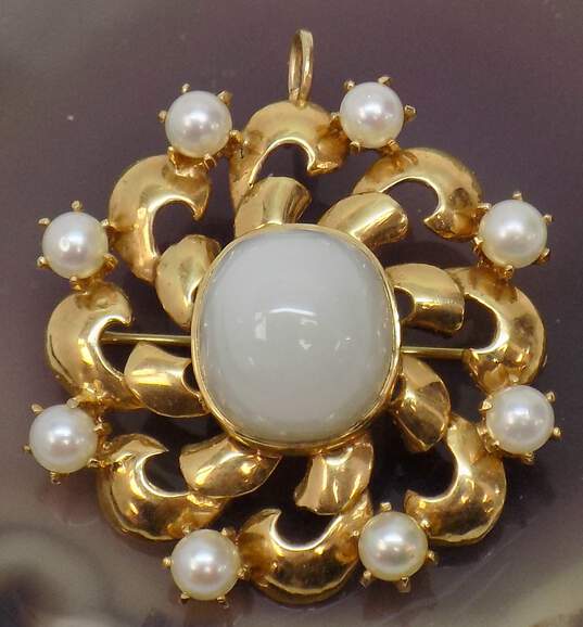 Vintage 14K Gold White Cats Eye Cabochon & Pearls Scalloped Circle Pendant Brooch 12.8g image number 5