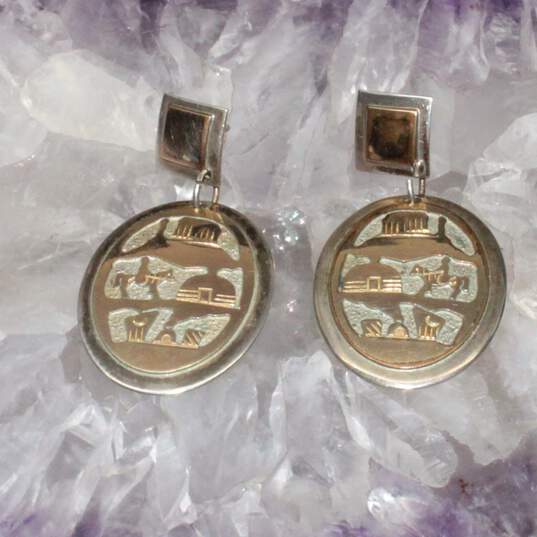 Artisan Signed Offina Pino Sterling Silver Gold Fill Accent Story Teller Earrings - 8.7g image number 1