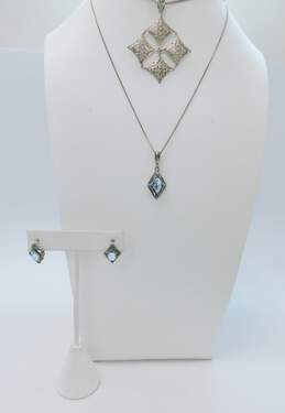 Romantic 925 Fleur De Lis Cross & Blue Cubic Zirconia Pendant Necklaces & Matching Post Earrings 21.3g