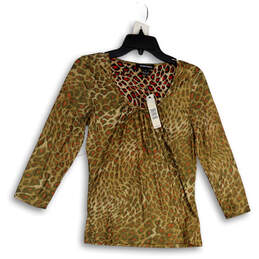 NWT Womens Brown Red Animal Print Pleated 3/4 Sleeve Blouse Top Size Small