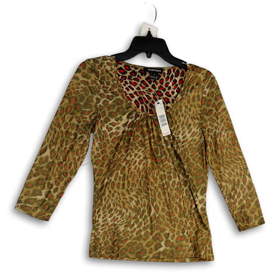 NWT Womens Brown Red Animal Print Pleated 3/4 Sleeve Blouse Top Size Small image number 1