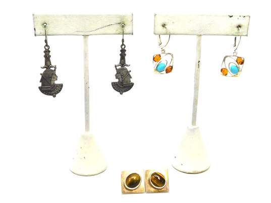 925 Egyptian, Tiger's Eye & Faux Turquoise Amber Earrings 21.6g image number 1
