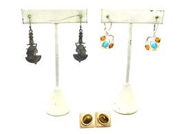 925 Egyptian, Tiger's Eye & Faux Turquoise Amber Earrings 21.6g