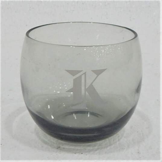 Vintage MCM Smoky Gray Glass Etched K Monogram Roly Poly Bar Glasses Set of 5 image number 3