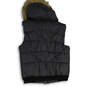 NWT Womens Black Slash Pockets Fur Hooded Full Zip Puffer Vest Size XL image number 2