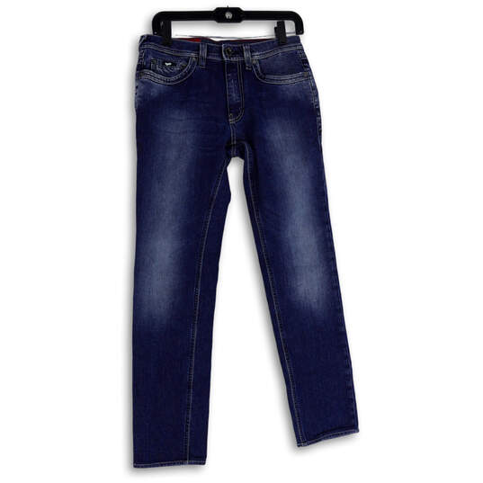 Mens Blue Denim Medium Wash Five Pocket Design Straight Jeans Size 30x34 image number 1