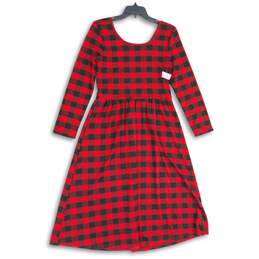 Womens Red Black Plaid Round Neck Long Sleeve Fit & Flare Dress Size Medium