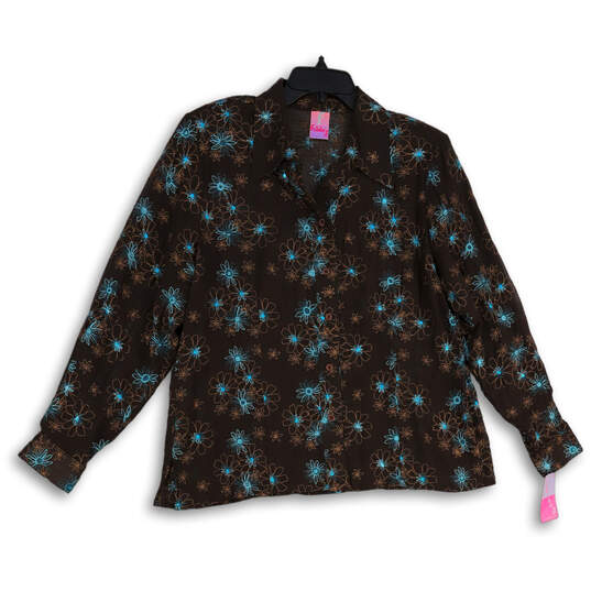 NWT Womens Blue Brown Floral Long Sleeve Spread Collar Button-Up Shirt Sz L image number 4