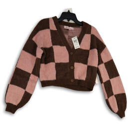 NWT Womens Pink Brown Cropped Button Front Cardigan Sweater Size M