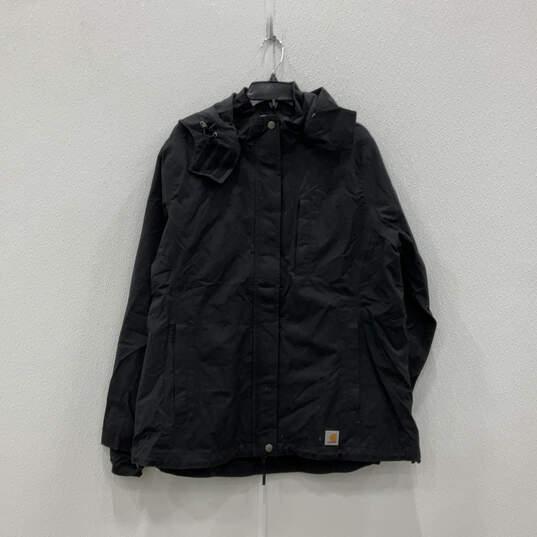 Mens Black Long Sleeve Slash Pocket Button Front Hooded Jacket Size XL image number 1