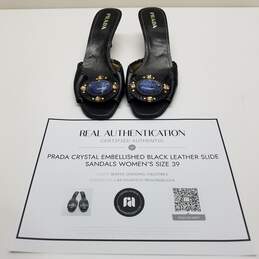 AUTHENTICATED Prada Crystal Embellished Black Leather Slide Sandals Size 39