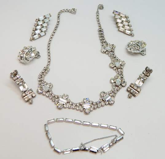 Vintage Icy Rhinestone Silver Tone Necklace, Bracelet & Clip On Earrings 67.8g image number 1