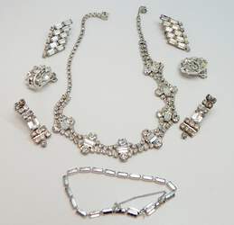Vintage Icy Rhinestone Silver Tone Necklace, Bracelet & Clip On Earrings 67.8g