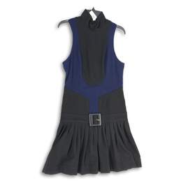 Tracy Reese Womens Black Navy Blue Mock Neck Sleeveless Belted Mini Dress Size 6