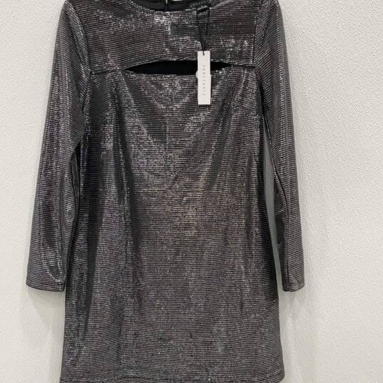 NWT Womens Black Silver Long Sleeve Round Neck Back Zip Mini Dress Size S image number 1