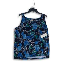 NWT Chico's Womens Blue Floral Round Neck Sleeveless Pullover Blouse Top Size 3