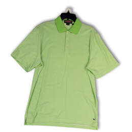 Mens Green Striped Spread Collar Short Sleeve Button Front Polo Shirt Sz L