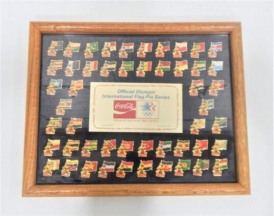 Coca Cola 1984 Framed Official Olympic International 50 Flag Pin Set image number 1