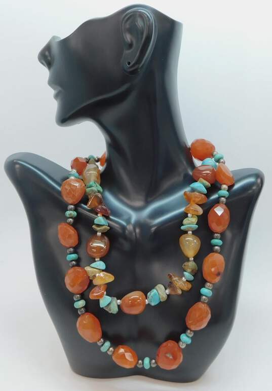 Artisan 925 Faceted & Tumbled Orange Agate Turquoise & Ball Beaded Necklaces Variety 136.2g image number 1