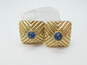 Vintage Charles Jourdan Paris Goldtone Blue Glass Orb Textured Ridges Square Statement Clip On Earrings 51.7g image number 1