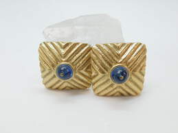 Vintage Charles Jourdan Paris Goldtone Blue Glass Orb Textured Ridges Square Statement Clip On Earrings 51.7g