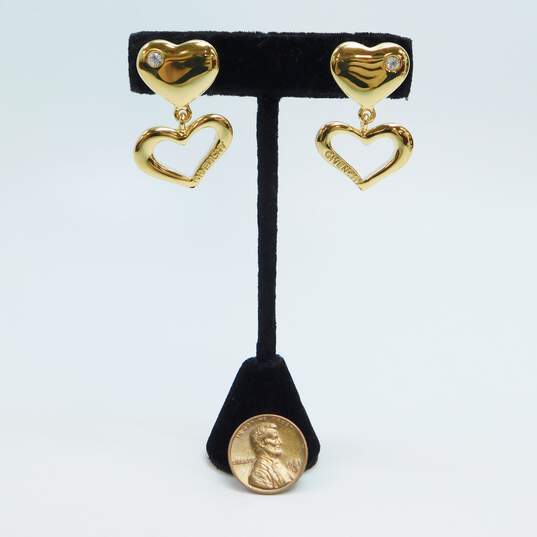Vintage Givenchy Goldtone Rhinestone Accent Hearts Linked Drop Post Earrings image number 2