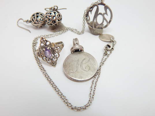 Artisan 925 Mom & H Initial Monogram Pendant Necklaces Celtic Knot Drop Earrings & Amethyst Pointed Ring 21.3g image number 1