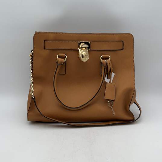 Michael Kors Womens Hamilton Brown Leather Bag Charm Satchel Bag Purse image number 1