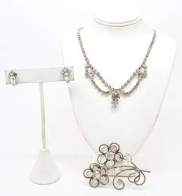 Vintage Icy Clear Rhinestone & Silver Tone Screw-Back Earrings Necklace & Flower Brooch 31.5g