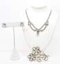 Vintage Icy Clear Rhinestone & Silver Tone Screw-Back Earrings Necklace & Flower Brooch 31.5g image number 1