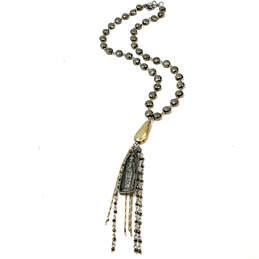 Designer Lucky Brand Two-Tone Black Crystal Stone Long Pendant Necklace