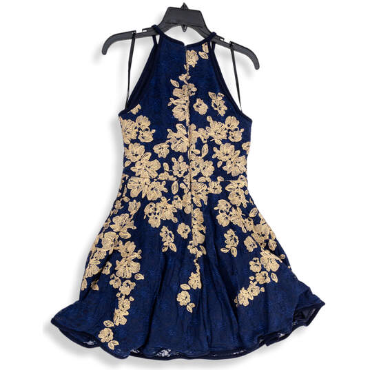 Womens Blue Gold Floral Halter Neck Back Zip Fit & Flare Dress Size 10P image number 2