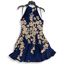 Womens Blue Gold Floral Halter Neck Back Zip Fit & Flare Dress Size 10P alternative image