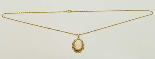 Vintage Gold Filled Nephrite Brooch Carved Cameo Necklace & Chain Bracelet 30.2g image number 2