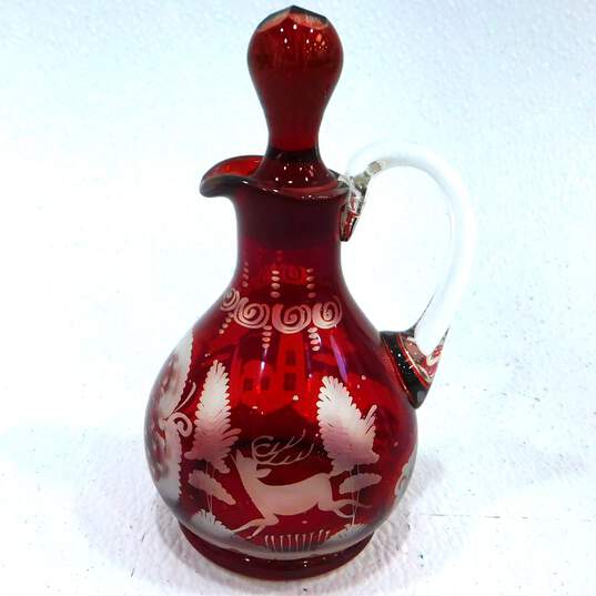 VNTG Art Glass Home Decor Bohemian Czech Ruby Cruet Cranberry Glass Etched Vase image number 14